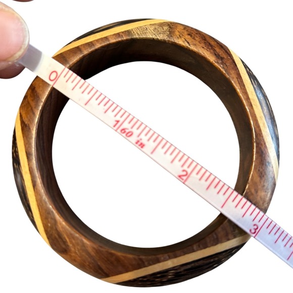 Set of 3 Wooden Bangles – Boho Artisan Inlay & Polka Dot Wood Bracelet Stack - Picture 6 of 6